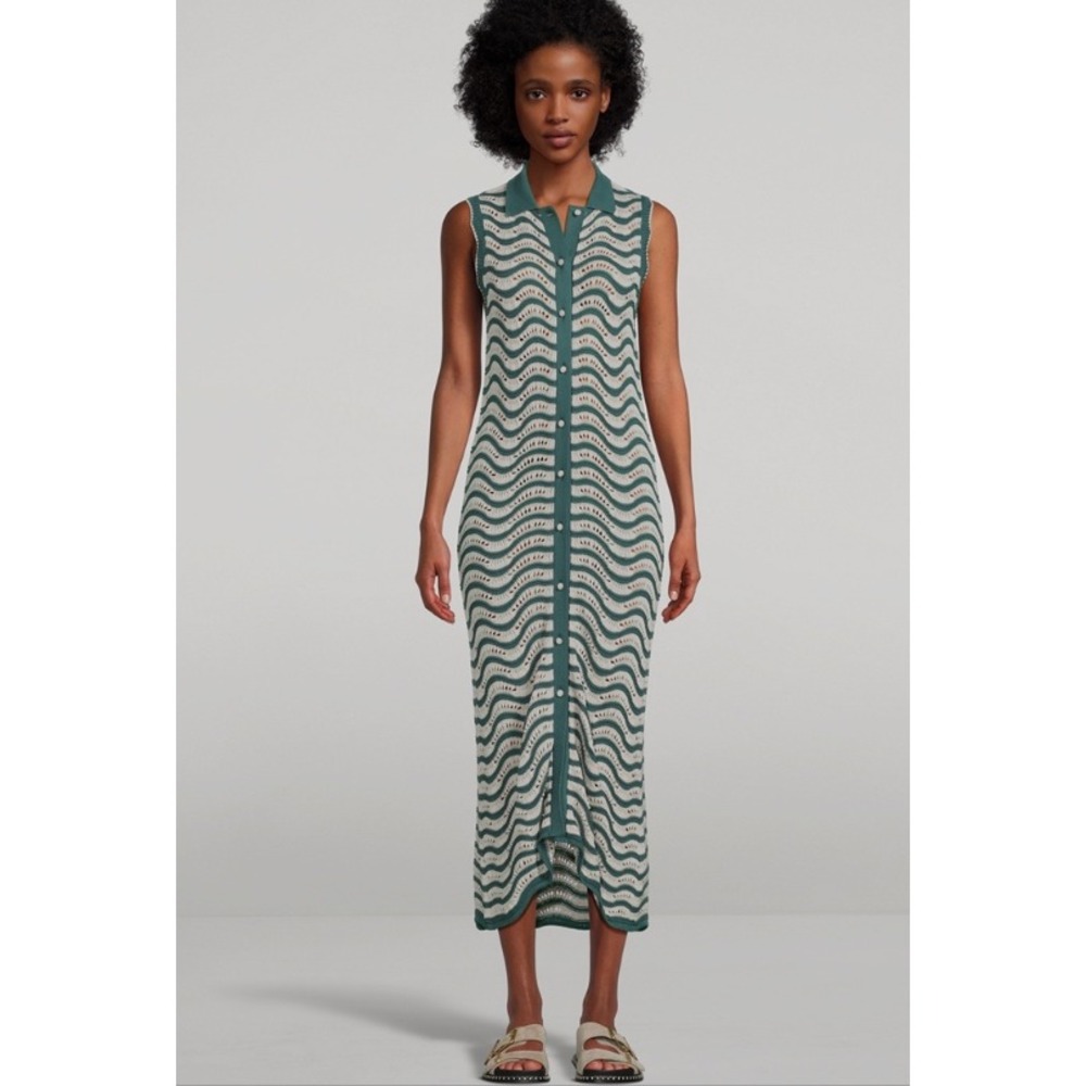 KOTN Sabah Pointelle Crochet Maxi Dress Green Cream Button Front M